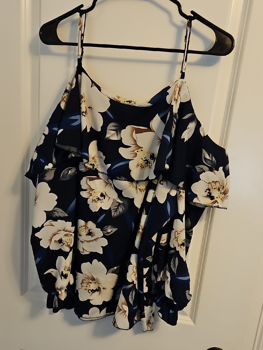 Floral Cold-Shoulder Women's Top - Navy and Cream